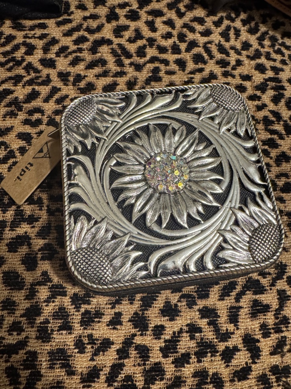 Silver Sunflower Embossed travel jewelry case with Rhinestone Center